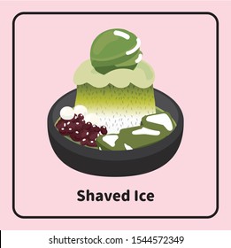 Vector asia traditional Japanese food sweet dessert, shaved Ice matcha flavor with brown sugar, red beans, cream, tangyuan, matcha jelly and matcha ice cream.