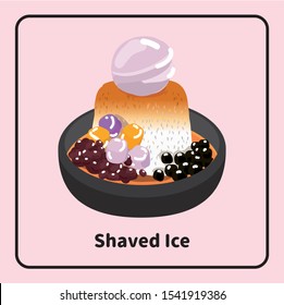 Vector asia traditional Taiwanese food sweet dessert, shaved Ice with brown sugar, red beans, tapioca balls, taro balls and taro ice cream.