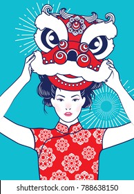 Vector Asian Chinese Lady with Lion Dance costume celebrating Chinese New Year in Retro style.