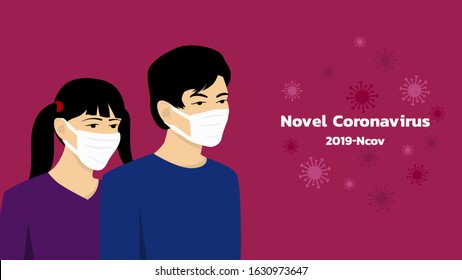 Vector Asian Chinese man and woman in medical masks on red background. Concept Virus - warning danger. Novel coronavirus (2019-nCoV), MERS-Cov (middle East respiratory syndrome coronavirus)
