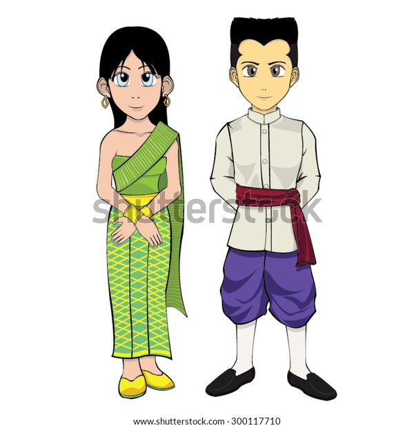 Vector Asian Couple Traditional Dress Cartoon Stock Vector (Royalty ...