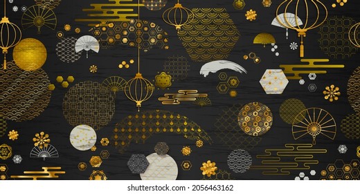 Vector Asian decoration, minimal motive line art, Korean and Chinese traditional oriental line collection, set of vintage pattern, frame, ornament elements.