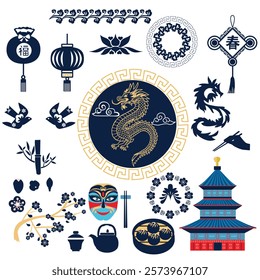 vector of Asian design element set decorations  icons.Spring season.Traditional Asian lanterns, cherry blossoms and lotus flowers, bamboo, dragon and clouds symbols.