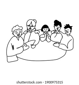 Vector Asian Family Celebration Together in doodle style.Grandma,Grandpa,Mom,Dad,Daughter illustration for Chinese New Year black hand drawn line.Design social media,weddings,stickers,coloring books.