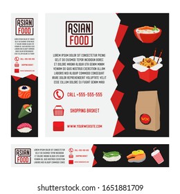 Vector Asian fast-food menu, template of delivery site - wok, ramen food, noodles with sushi and drink. Cartoon Chinese or Thai cuisine.