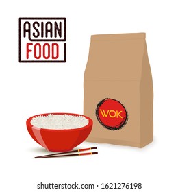 Vector Asian food concept - Chinese or Japanese cuisine, rice in bowl for restaurant, cafe. Ramen dinner. Cartoon flat style.