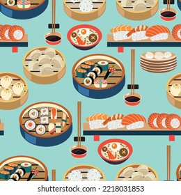 Vector Asian food illustration set of steamers with dim sum, baozi and Japanese dishes, Sushi set. Vector flat asian food icons. 