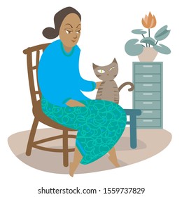 Vector Asian lady with her cute cat