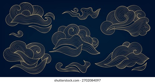 Vector Asian line clouds, Japanese, Chinese traditions flowing gold abstract wavy forms. Oriental modern graphic design, decorative background, wind, smoke illustrations