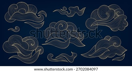 Vector Asian line clouds, Japanese, Chinese traditions flowing gold abstract wavy forms. Oriental modern graphic design, decorative background, wind, smoke illustrations