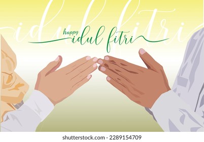 vector asian moslem couple shake hands forgive each other eid mubarak celebrate background happy idul fitri
