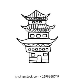 Vector Asian pagoda in doodle style Architectural illustration for Chinese New Year.Buddhist temple with black hand drawn line.Design cards,social media,weddings,stickers,coloring books.