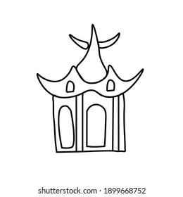 Vector Asian pagoda in doodle style Architectural illustration for Chinese New Year.Buddhist temple with black hand drawn line.Design cards,social media,weddings,stickers,coloring books.
