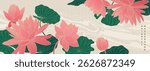 Vector asian poster with pink lotuses, water lilies, waves on pattern background. Luxury banner with line art flowers