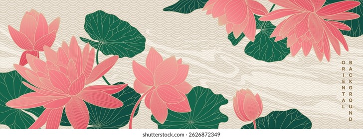 Cartaz asiático vetor com lótus cor-de-rosa, lírios de água, ondas no fundo padrão. Banner de luxo com flores de arte em linha