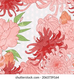 Vector asian seamless background with peonies and geometric pattern. Chinese pattern with flowers, vector background with pink peony flower.