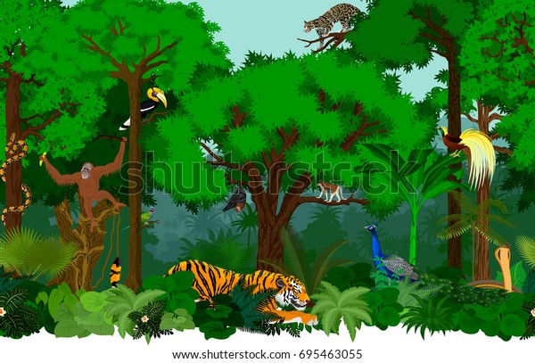 動物を含む アジアのシームレスな熱帯雨林のジャングルの背景にベクター画像アジアのパターンイラスト のベクター画像素材 ロイヤリティフリー