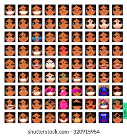 vector asian Set avatars icons Indian girl swarthy faces smiley BROWN HAIR, BROWN EYES Emotions Expressions 9x9