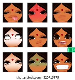 vector asian Set avatars icons Indian girl swarthy faces smiley BROWN HAIR, BROWN EYES Emotions Expressions 5
