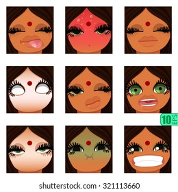 vector asian Set avatars icons Indian girl swarthy faces smiley BROWN HAIR, GREEN GRAY EYES Emotions Expressions 5