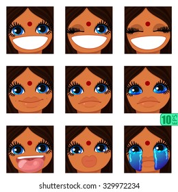 vector asian Set Pack avatars icons Indian Girl swarthy faces smiley BROWN HAIR, BLUE EYES Emotions Expressions Web Blog Graphics Profile Picture  Set_1