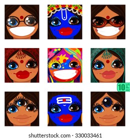 vector asian Set Pack avatars icons Indian Girl swarthy faces smiley BROWN HAIR, BLUE and BROWN EYES ( heterochromia iridis) Emotions Expressions Web Blog Graphics Profile Picture  Set_9