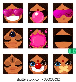 vector asian Set Pack avatars icons Indian Girl swarthy faces smiley BROWN HAIR, BLUE and BROWN EYES ( heterochromia iridis) Emotions Expressions Web Blog Graphics Profile Picture  Set_8