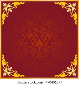 Vector Asian style frame. Oriental background. Gold ornament on a burgundy background.
