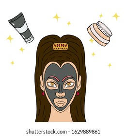 Vector asian woman head at the cosmetology cabinet at spa procedure. Mask and cream bottles. Opened eyes and beautiful hair, mask at her face. Personal сare procedure. Flat style