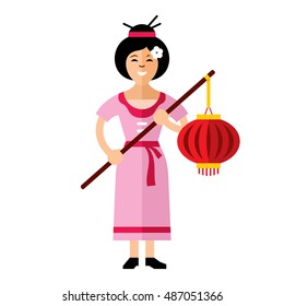 Vector Asian Woman with lantern. Flat style colorful Cartoon illustration.