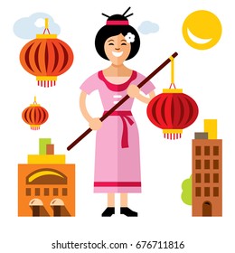 Vector Asian Woman with lantern. Flat style colorful Cartoon illustration.