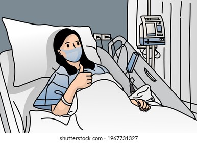 Vector of an Asian woman wearing a mask is lying on a hospital bed. She makes a thumbs up to encourage the patient. The concept of hospital medical services.