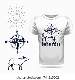 Vector asiatic buffalo silhouette view side for retro logos, emblems, badges, labels template vintage design element. Isolated on t-shirt blank