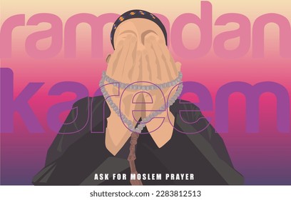 vector ask for moslem prayer wearing islamic cap with rosary tasbeeh dzikr in twilight dusk subuh time in ramadan Kareem Mubarak modern style gradient design