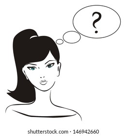 Vector asking girl. Young, hand drawn in simply glamour design style, thinking girl with black hair and question mark in bubble speech. Illustration isolated on white background. What should I do? 