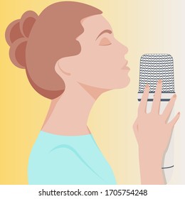 Vector ASMR concept. Young woman with close eyes and brown hair use the microphone to make massage, whisper, rustling. Girl blogger enjoying sound. Autonomous sensory meridian response. Illustration svg