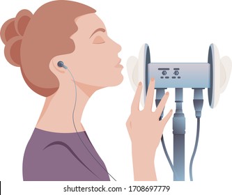 Vector ASMR concept. Young woman with brown hair use the binaural microphone to make massage, whisper, rustling. Blogger enjoying sound. Autonomous sensory meridian response. Illustration svg