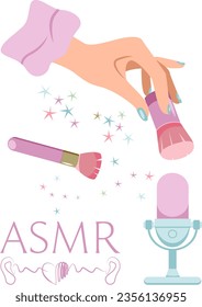 Vector ASMR illustration with broadcasting blogger woman using brush on microphone to make whisper
