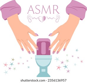 Vector ASMR illustration with video blogger woman using nails on microphone to make tapping sound