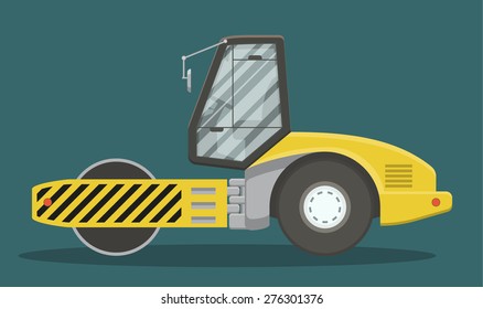 Vector asphalt compactor side view. EPS10 vector illustration of heavy construction machinery.