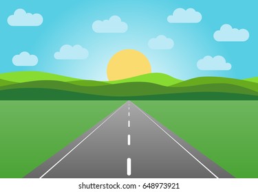 Vector asphalt road leaving into the horizon. Summer landscape with highway at sunrise with green field and clouds on blue sky.
