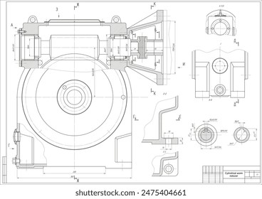 Vector assembly drawing of cylindrical worm reducer.  Steel mechanical device with shaft, gear, electric engine, 
bolted connection and dimension lines.  Engineering cad scheme. Technical template.