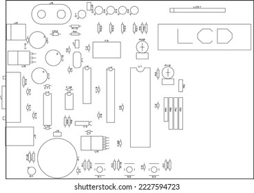 Vector assembly drawing electronic circuit board with components. 
Computer motherboard.