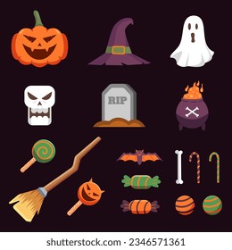 Vector Asset for Halloween. Pumpkin, ghost, bat, candy, and other items on Halloween theme.