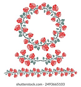 Vector, Plantillas de decoración, subgrupos, hojas y rizos de rosas rojas, arreglados y rizados