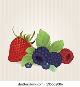 Vector assorted berries on delicate striped background. Strawberry, blueberry, raspberry, blackberry and mint