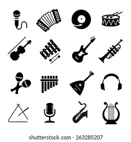 Vector Assorted black musical instruments icons set  on white