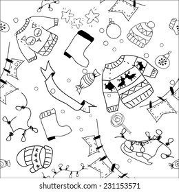 Vector Assorted doodle Christmas black and white icons seamless background. Happy New Year and Merry Christmas card background, doodle seamless pattern. New year party invitation. Website background.