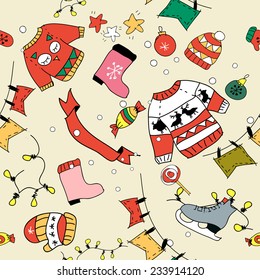 Vector Assorted doodle Christmas black and white icons seamless background. Happy New Year and Merry Christmas card background, doodle seamless pattern. New year party invitation. Website background.