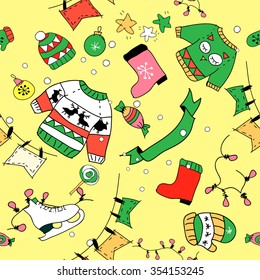 Vector Assorted doodle Christmas black and white icons seamless background. Happy New Year and Merry Christmas card background, doodle seamless pattern. 
